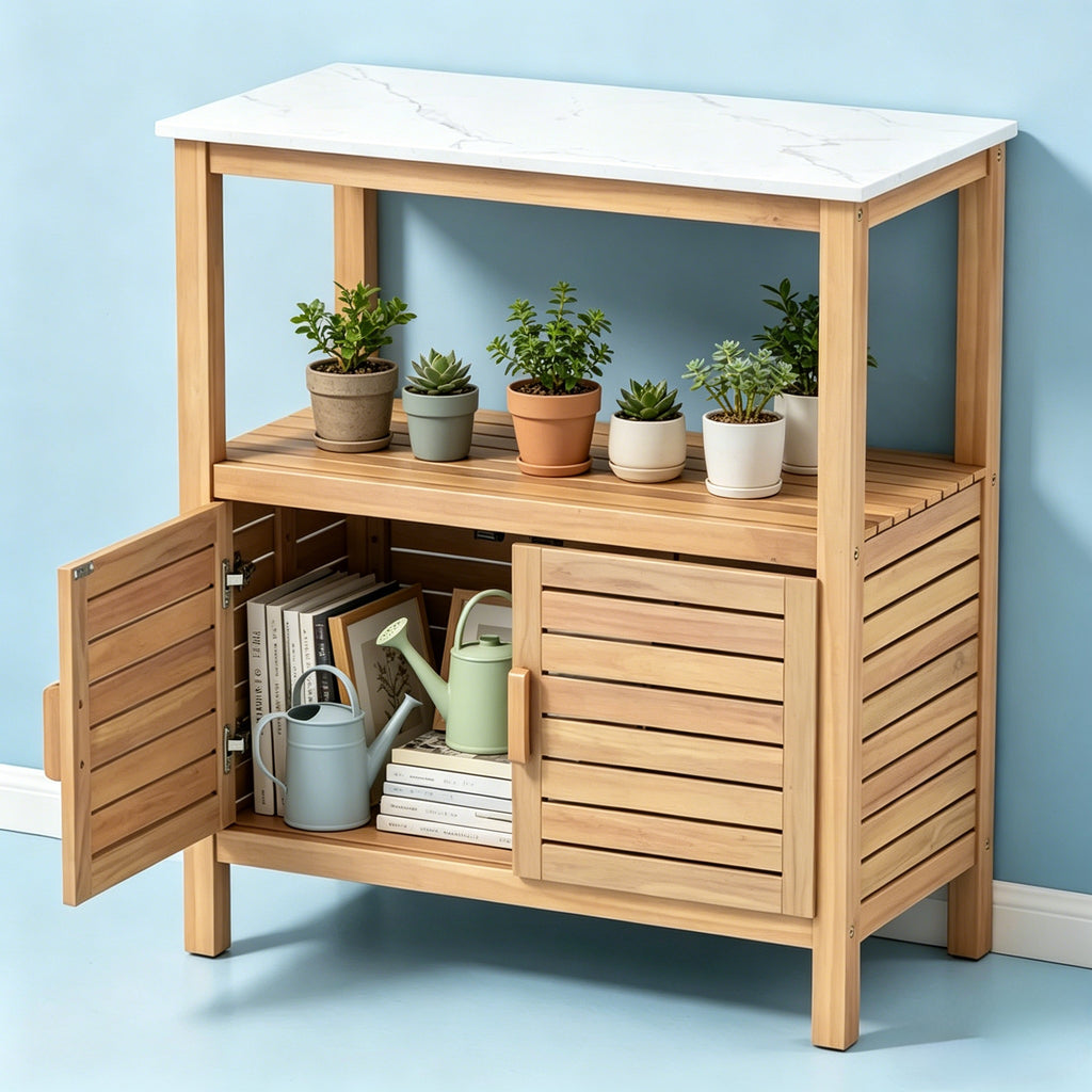 Acacia Wood Potting Bench with Storage Cabinet & Open Shelves
