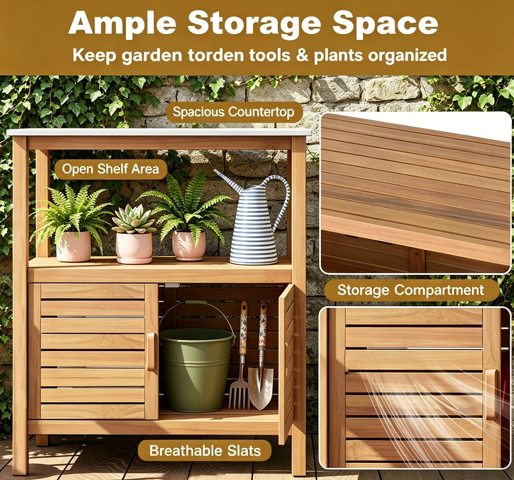 Acacia Wood Potting Bench with Storage Cabinet & Open Shelves