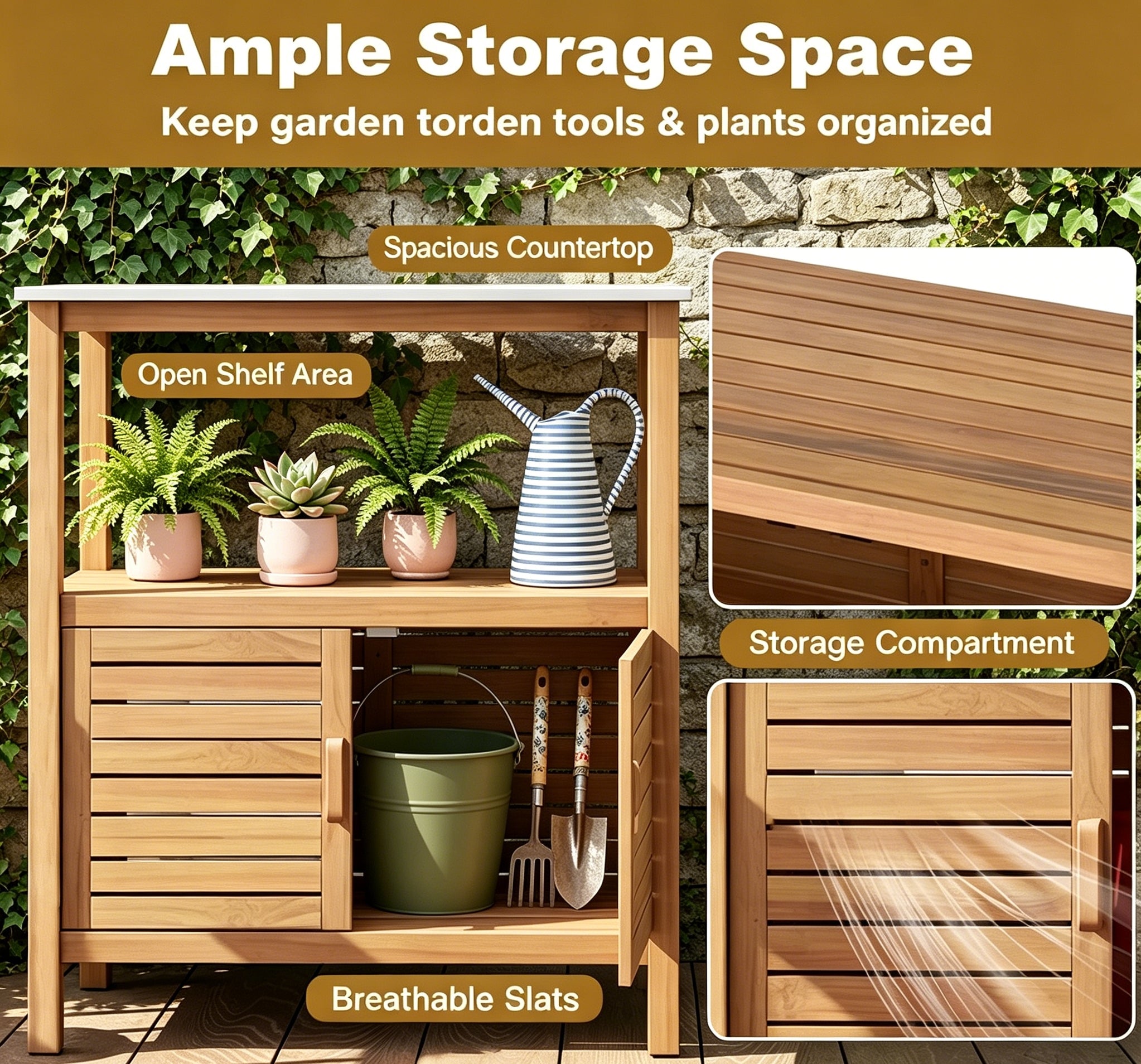 Acacia Wood Potting Bench with Storage Cabinet & Open Shelves