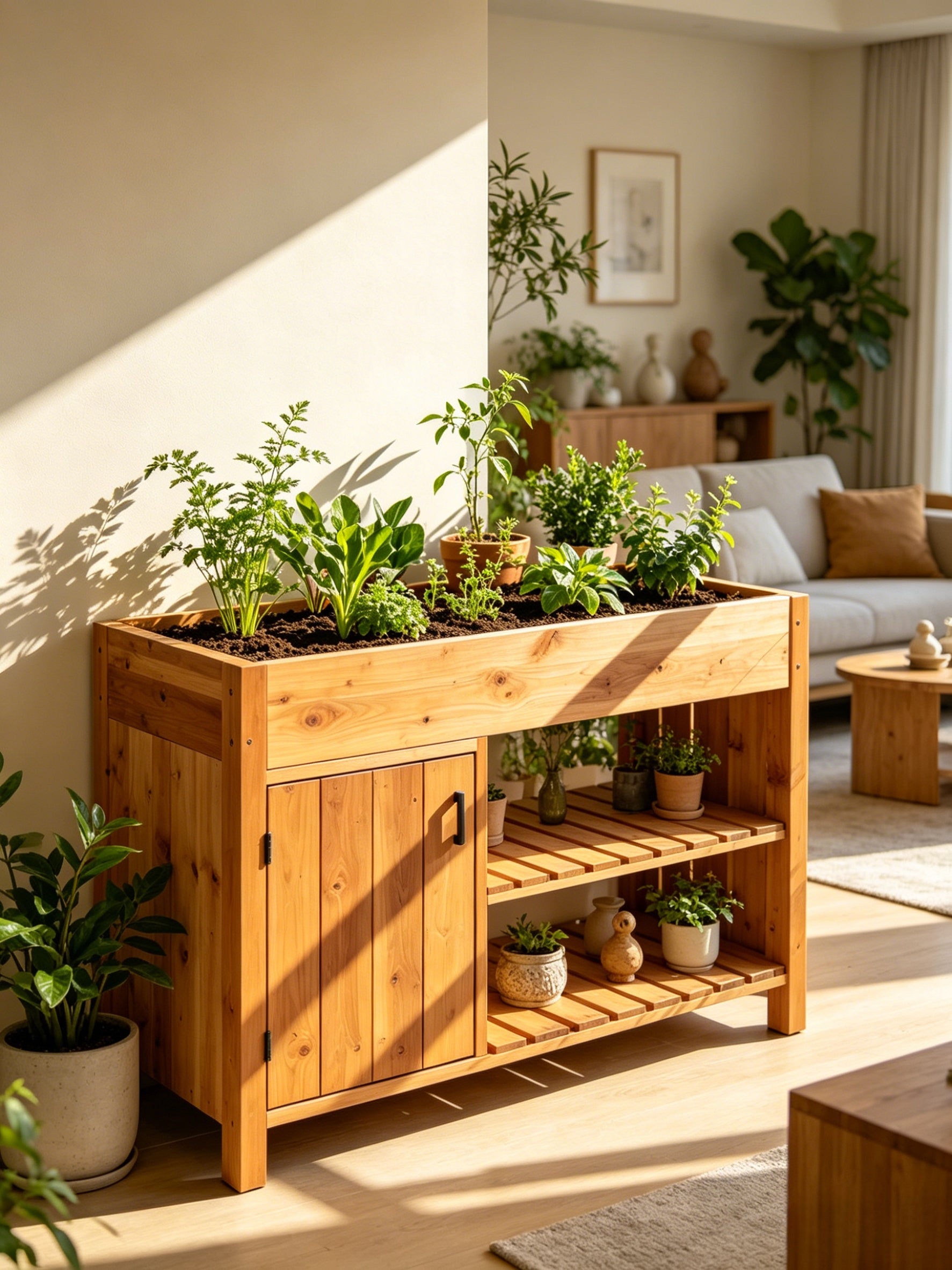 Solid Acacia Wood Potting Bench with Open Shelves & Storage Cabinet
