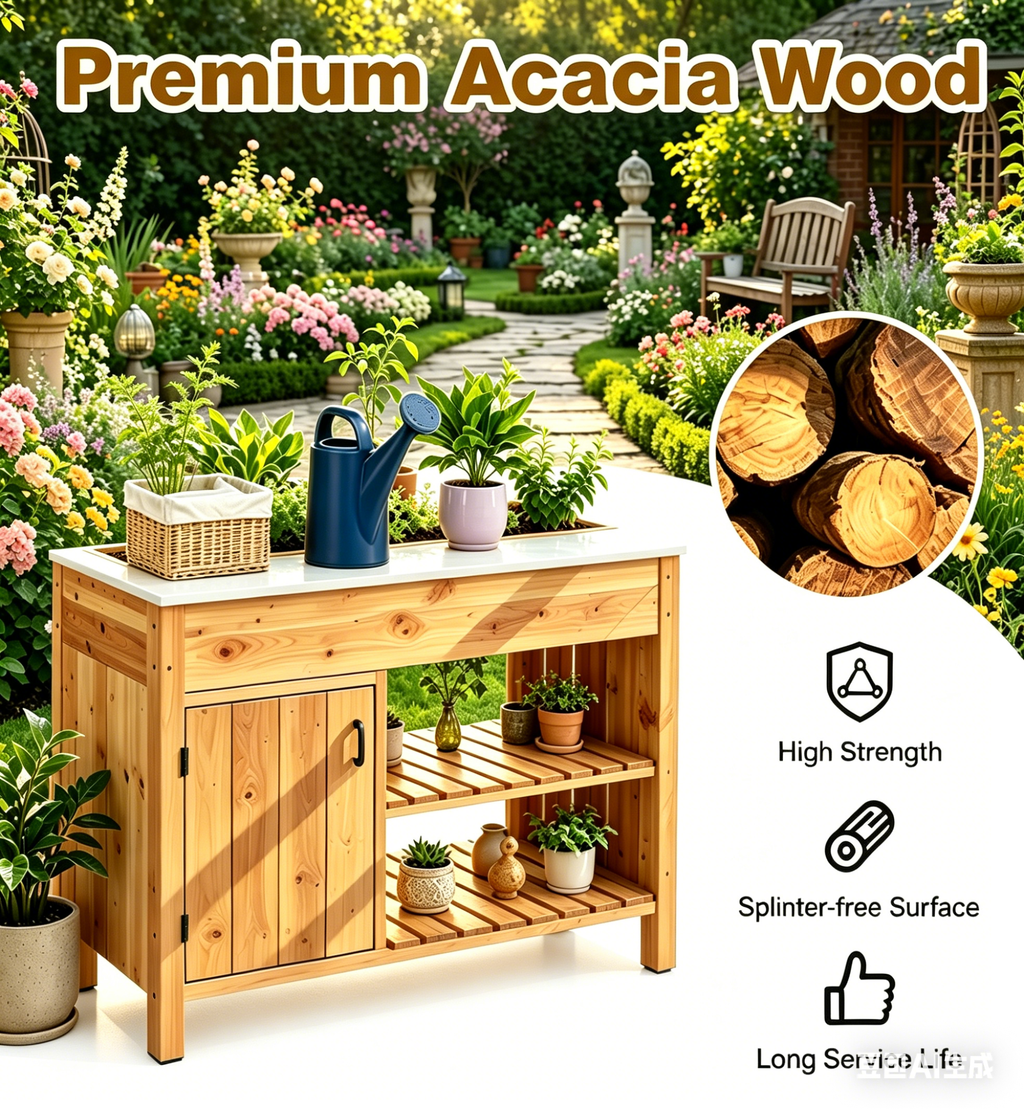 Solid Acacia Wood Potting Bench with Open Shelves & Storage Cabinet