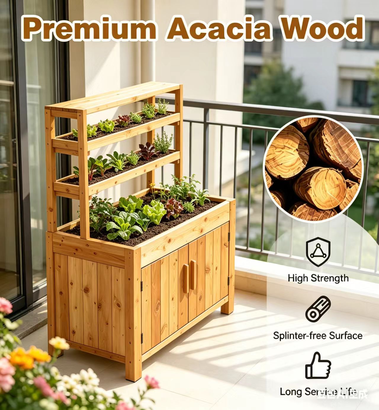 Acacia Wood Gardening Workstation with Storage Cabinet & Open Shelves