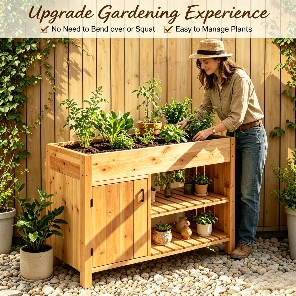 Solid Acacia Wood Potting Bench with Open Shelves & Storage Cabinet
