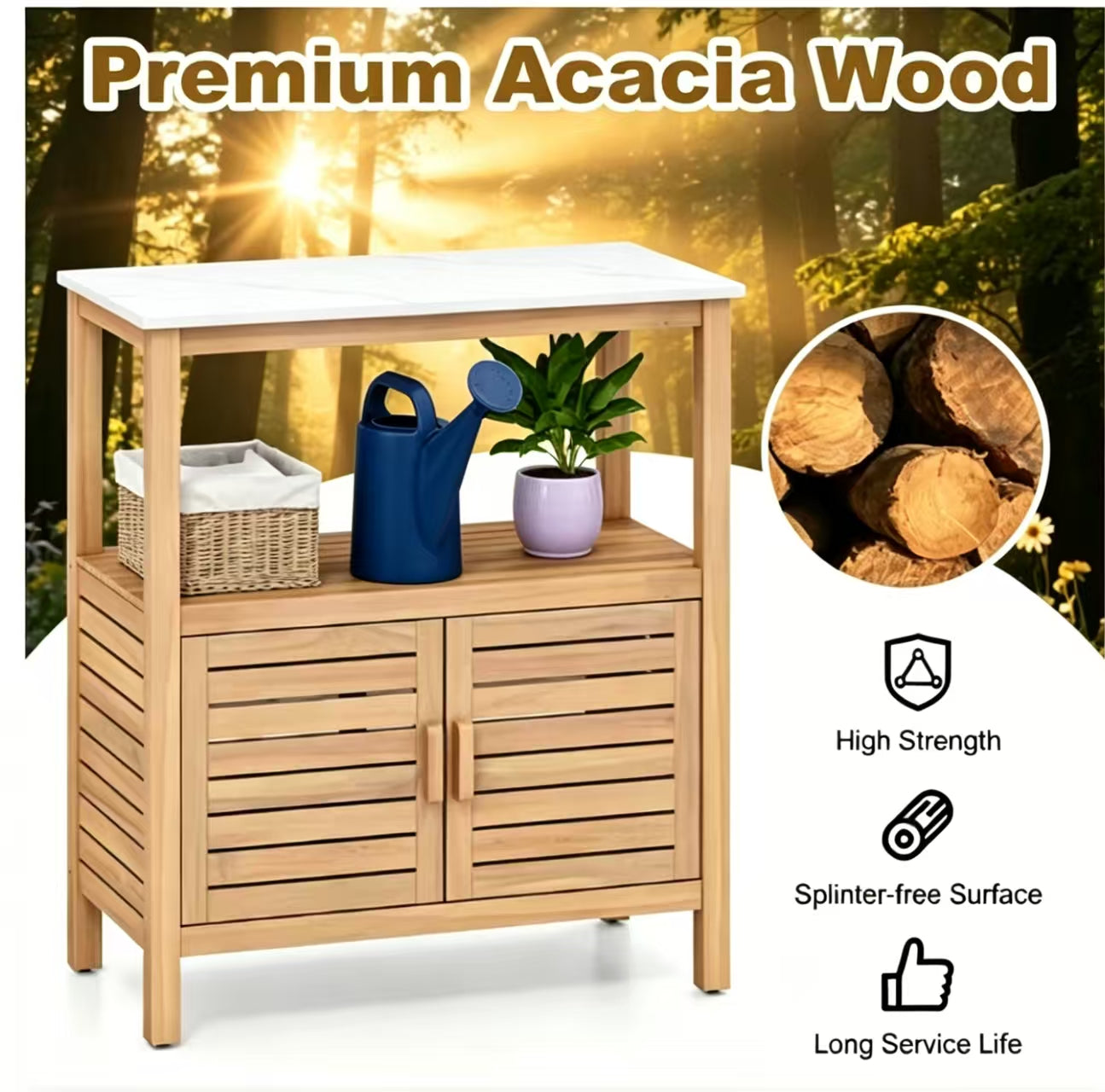 Acacia Wood Potting Bench with Storage Cabinet & Open Shelves