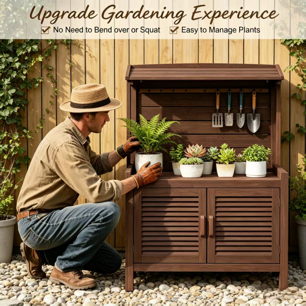 Acacia Wood Potting Bench with Storage Cabinet & Open Shelves