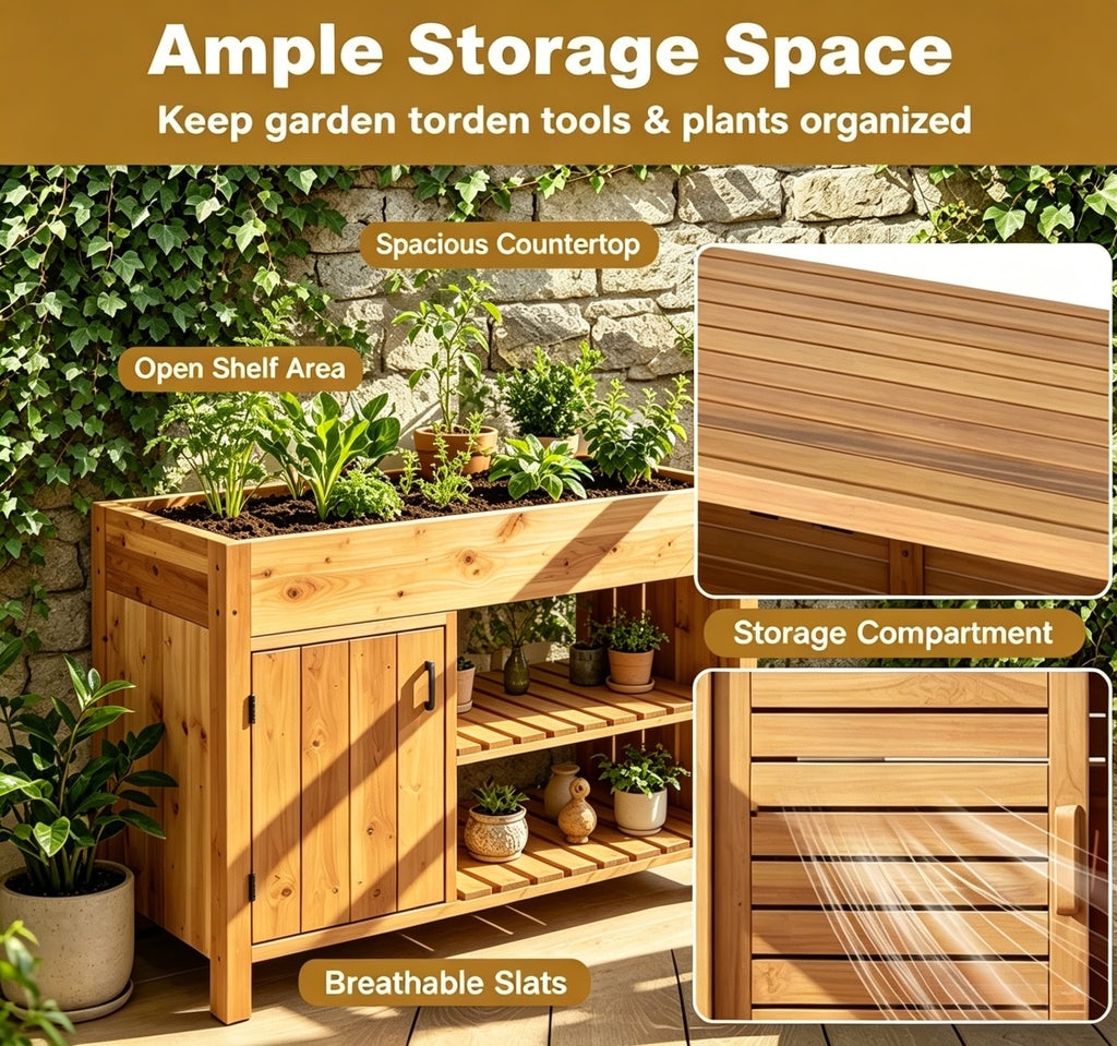 Solid Acacia Wood Potting Bench with Open Shelves & Storage Cabinet