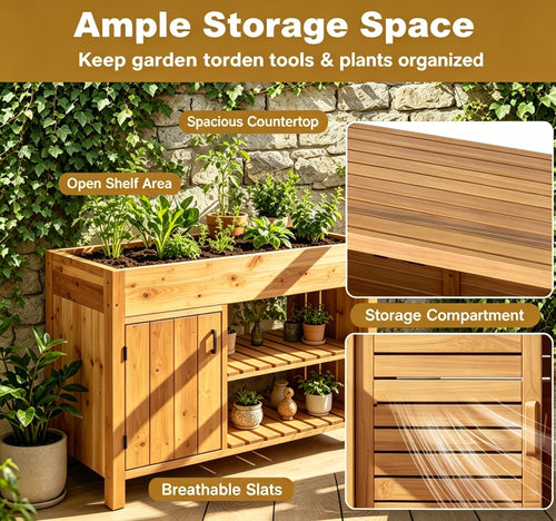 Solid Acacia Wood Potting Bench with Open Shelves & Storage Cabinet